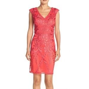 NEW Sue Wong Sleeveless Coral Pink Floral Embroidered Sheath Dress Size 6